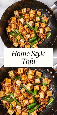 two pans filled with tofu and green beans