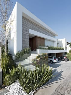 a modern house with plants and rocks in front of the entrance to the home,