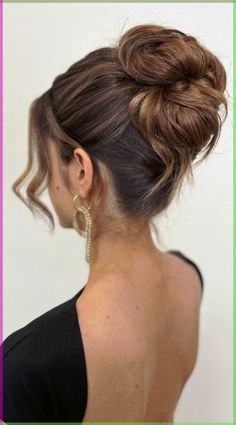 Add a sophisticated edge to your style with these 10 updos with bangs, blending elegance with contemporary chic. Wedding Updo Medium Length, Sweet Sixteen Hairstyles Updo, Formal Updo Medium Length Hair, Sleek Bridemaids Hairstyles, Medium Bun Hairstyles Wedding, Top Bun Bridesmaid Hair, High Hair Bun Wedding, Bridesmaid Hair Updo Brown Hair, Sleek Prom Updo