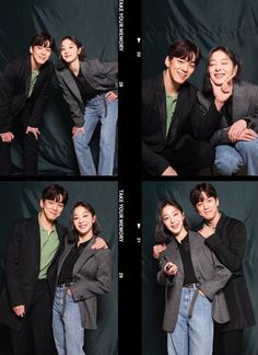 four pictures of two people posing for the camera and one has his arm around another person's shoulder