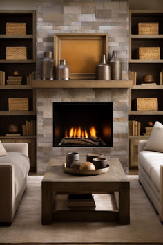 a living room filled with furniture and a fire place in the middle of a fireplace