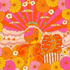 an orange and pink painting with flowers in the background