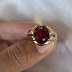 *Price Firm* 10kt Solid Gold Ring With Wood Texture And Side Cutouts Synthetic Red Oval Stone Sz 9.75 Weighs 8.5 Grams Heirloom Red Signet Ring With Polished Finish, Classic Red Ruby Jewelry, Classic Red Signet Ring For Formal Occasions, Heirloom Red Gold Signet Ring, Timeless Red Ring With Polished Finish, Formal Red Ruby Ring With Polished Finish, Formal Polished Red Ruby Ring, Classic Red Jewelry With Lab-created Ruby, Classic Red Lab-created Ruby Jewelry