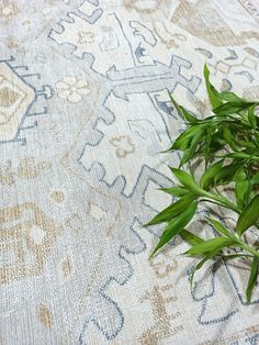 a close up of a plant on top of a rug with an ornate pattern in the background