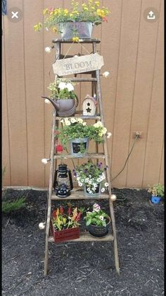 an old ladder is filled with potted plants and other things to plant in the garden