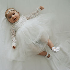 A french white ballerina baptism dress Long Sleeve Lace Baptism Dress, Christening Ideas Girl, Girls Christening Dress, Baptism Decorations Girl, Baby Blessing Dress, Baby Christening Dress, Baptism Dresses, Blush Flower Girl Dresses, Baby Baptism Dress