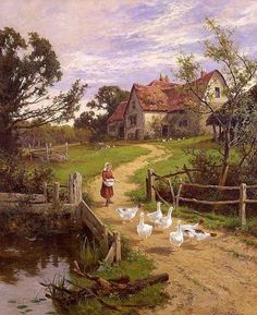 a painting of a girl walking down a path with geese