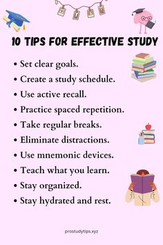 a pink poster with the words tips for effective study on it and an image of books