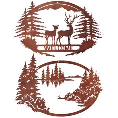 two metal deer silhouettes with the words welcome and pine trees in front of them