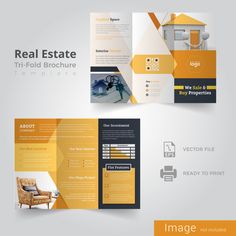 a brochure that is designed to look like an orange and white house with the words real estate on it