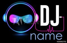 dj name with headphones and heart shape in neon colors on black background for your design