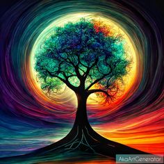 a painting of a tree with colorful swirls in the background