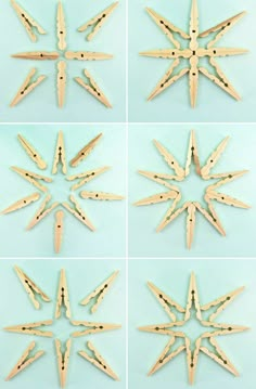 four pictures of wooden snowflakes arranged in different directions on a light blue background