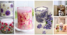 many different types of candles with flowers on them