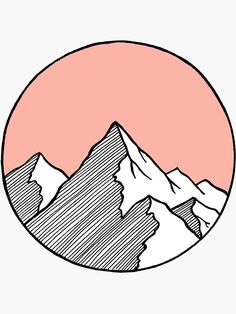 a drawing of mountains in the middle of a pink circle with an orange sky behind it