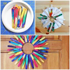 popsicle art made out of colored sticks on a wooden table and in front of a white plate