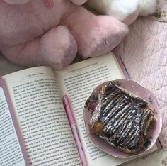 a pink teddy bear sitting next to an open book and a plate with food on it