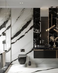 a bathroom with black and white marble walls