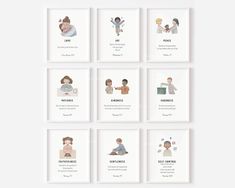 six framed pictures with people on them in different styles and sizes, all displaying the names of