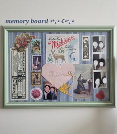 a collage of various items is displayed in a green frame with the words memory board on it