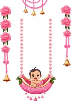 a baby in a pink hammock with bells and flowers on the side, hanging from