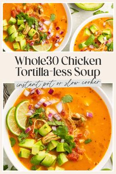 three bowls filled with tortilla - less soup and topped with avocado