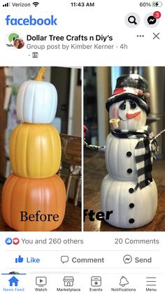 two fake pumpkins that have been made to look like snowmen