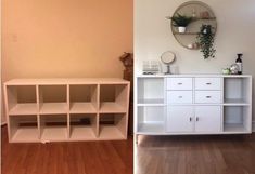 two pictures side by side, one is empty and the other has white shelves