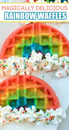 two rainbow waffles with white frosting and sprinkles on them