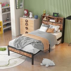 a bed room with a neatly made bed next to a dresser and bookcases