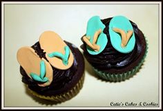 two cupcakes decorated with flip flops and sandals