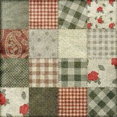 an old patchwork quilt with red flowers on it