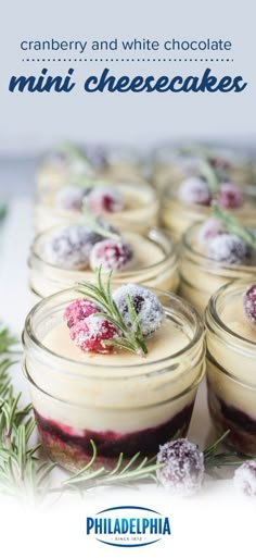 cranberry and white chocolate mini cheesecakes with rosemary sprigs on top