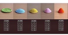 four crocheted hats are shown in different colors and sizes, along with the numbers for each item