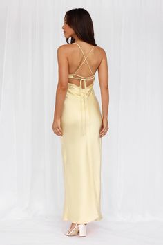 Length from top of bust to hem of size S: 132cm.  Chest: 36cm, Waist: 32cm, across front only of size S.  Maxi dress.  Lined.  Model is a standard XS and is wearing size XS.  True to size.  Non-stretch.  Luxurious satin.  Scoop neckline.  V-back.  Crisscross tie-up back.  Vent extension.  Straight, flowy silhouette.  Zipper with hook eye closure.   Cold hand wash only.  Polyester.   This material is very delicate. Please handle with care.    For lovers of contemporary style! Featuring a chic scoop neckline, a V-back design and a crisscross tie-up back detail that gives a modern and playful feel, ensuring a stunning silhouette from every angle. Perfect for adding a touch of sophistication to any bridal party, this dress promises to dazzle and delight with its elegant style. Flowy Prom Dress, Formal Event Dresses, Cute Formal Dresses, Formal Prom Dresses, Prom Queen, Slim Dress, Sequin Prom Dresses, Prom Dress Inspiration, Prom Dress Shopping