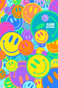 many different colored smiley faces on a white background with the words asho designs above them