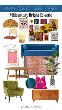 Mid Century Bright Eclectic, Bright Bold Interior Design, Living Room With Teal Sofa, Apartment Decorating Living Room Modern, Boho Living Room Blue Couch, Colorful Mid Century Modern Living Room, Eclectic Decor Office, Jewel Tone Home, Eclectic Decor Living Room