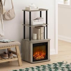 a room with a fireplace and some books