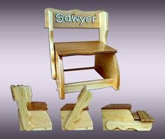 a wooden chair with the word savyer written on it and other furniture pieces