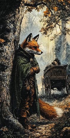 a painting of a fox standing next to a horse and buggy in the woods