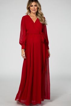 Purple Chiffon Long Sleeve Pleated Maternity Maxi Dress – PinkBlush Red Long Sleeve Maxi Dress, Red Maternity Dress, Maternity Evening Gowns, Maternity Evening, Dress For Christmas, Maternity Looks, Family Maternity Photos, All About Pregnancy, Red Maxi Dress