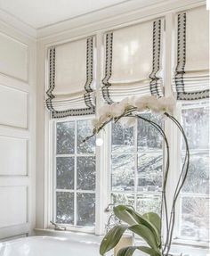 a vase with flowers sitting in front of a window next to a white curtained wall