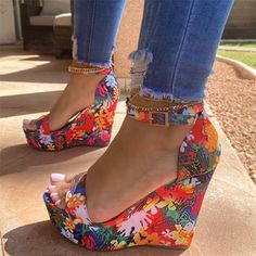 Style:... Floral Wedges, Ankle Sandals, Platform Wedge Heels, Strap Sandals Women, Tropical Style, Wedge Heel Sandals, Buckle Sandals, Womens Shoes High Heels, Sandals Women