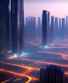 an aerial view of a city at night with lights on the streets and skyscrapers in the background