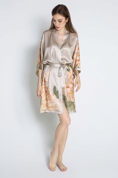 A luxurious, handcrafted piece of art you can wear. Removable waist tie closure Belt loops and inside ties to secure closure French seam finish Side slits at hem 100% Silk, Dry clean Designed in San Francisco, Imported KM04S Every day is a little more beautiful in this luxurious, breathably soft, one of a kind watercolor robe. Each piece features an original pattern — first sketched by hand, then saturated in rich watercolors using a traditional paintbrush — so just like you, your kimono is an o Short Kimono Robe, Boho Life, Kimono Robes, Silk Kimono Robe, Kimono Wrap, Silk Dress Long, Short Kimono, Silk Robe, Boho Kimono