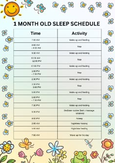 a poster with the words, 1 month old sleep schedule and an image of flowers