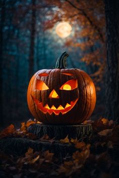 a carved pumpkin sitting on top of a tree stump