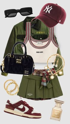 Outfit Inspo! #outfitinspo #outfit #outfitideas #y2k #preppy #citygirl #school #cutefit #streetwear #fashion #fashioninspo #aesthetic #aestheticgirl #green #red #redaesthetic #beige #trendy #fyp Y2k Preppy, Tomboy Style Outfits, Cute Swag Outfits, Tomboy Fashion, Looks Chic, Dope Outfits, Cute Simple Outfits