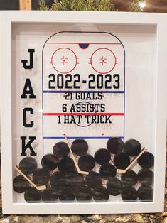 an ice hockey goalie's plaque is displayed in a shadow box with stickers