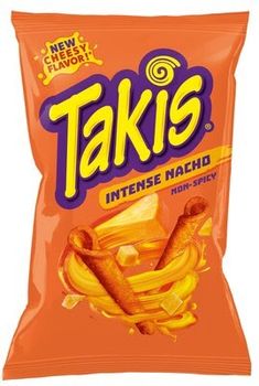 an orange bag of taki's potato chips on a white background with the word,